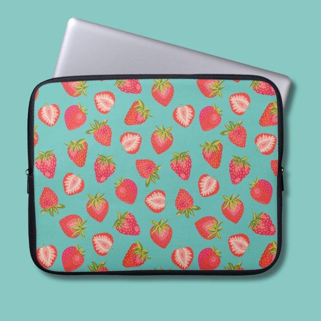Niedliches Erdbeermuster Laptopschutzhülle (Strawberry fruit mint green summer fruit laptop sleeve)