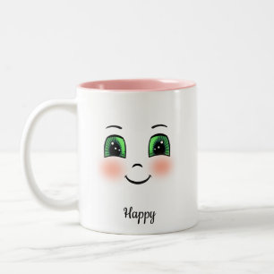 Niedliches errötetes glückliches Gesicht auf Weiß Zweifarbige Tasse
