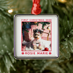 Niedliches erstes Weihnachtshündchen Foto Jahr Cus Ornament Aus Metall