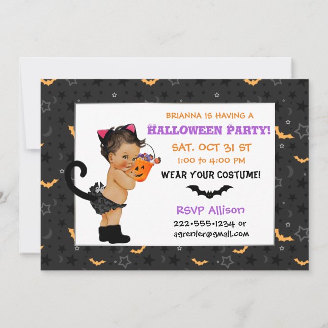 Niedliches Ethnic Baby Girl Cat Kostüm Halloween-P Einladung (Vorderseite)