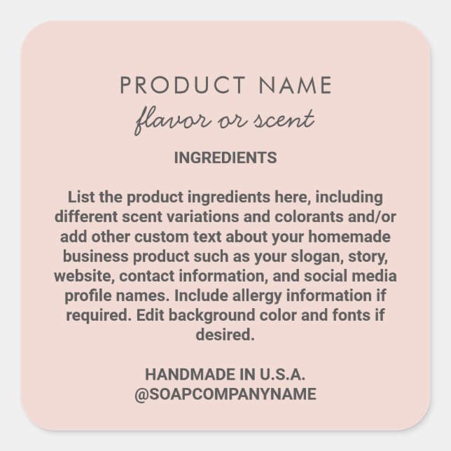 Niedliches Etikett für die rosa handgefertigten Pr Quadratischer Aufkleber (Vorderseite)