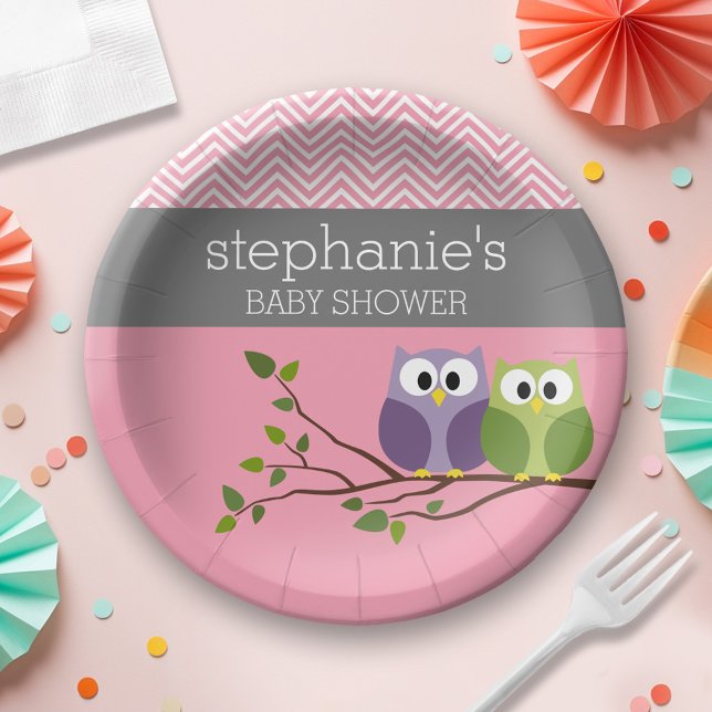 Niedliches Eule auf dem Zweig - Pink Baby Girl Dus Pappteller (Personalized Baby Shower Plates - Cute Woodland Owl)