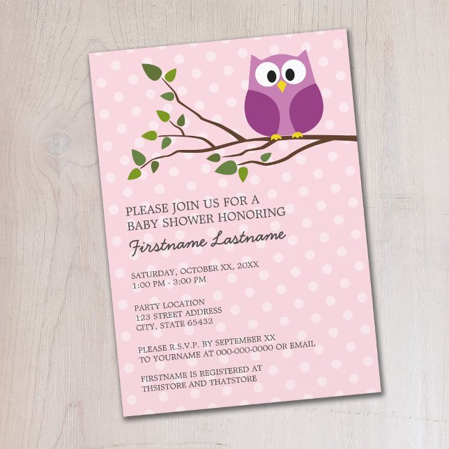 Niedliches Eule auf Zweig und Polka dots Kindermäd Einladung (Cute Woodland Owl Baby Shower Invitation - Pastel Pink Polka Dots)