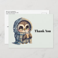 Niedliches Eule, das einen Kaffee hält. Danke