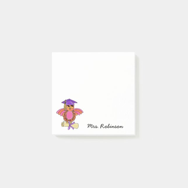 Niedliches Eule-Diplom Lehrer Name Weiß 3 x 3 Post-it Klebezettel (Vorderseite)