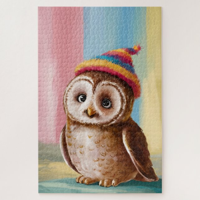 Niedliches Eule in farbenfroher Beanie Puzzle (Vertikal)