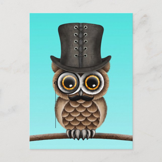 Niedliches Eule mit Monocle und Top Hat Blue Postkarte (Vorderseite)