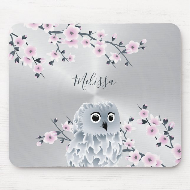 Niedliches Eule-Rosa-Silver-Monogramm-Maus-Pad Mousepad (Vorne)
