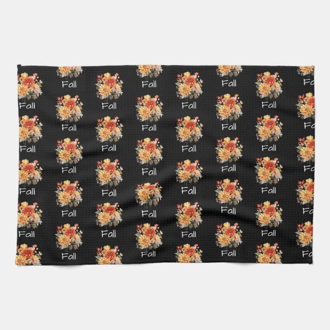 Niedliches Fall Themed Muster | Floral Fall Black Geschirrtuch (Horizontal)
