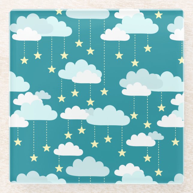 Niedliches Fallstars- und Wolkenmuster Glasuntersetzer (Vorderseite)