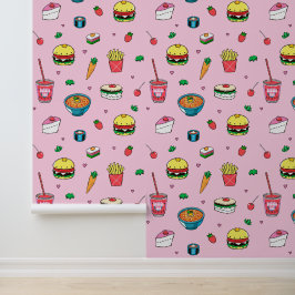 Niedliches, farbenfrohes Essmuster auf Rosa Tapete