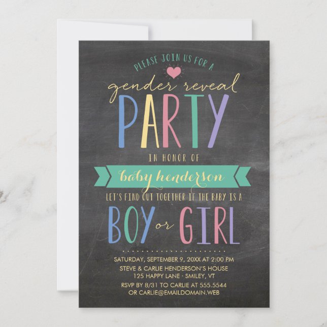 Niedliches farbiges Chalkboard Gender Reveal Party Einladung (Vorderseite)
