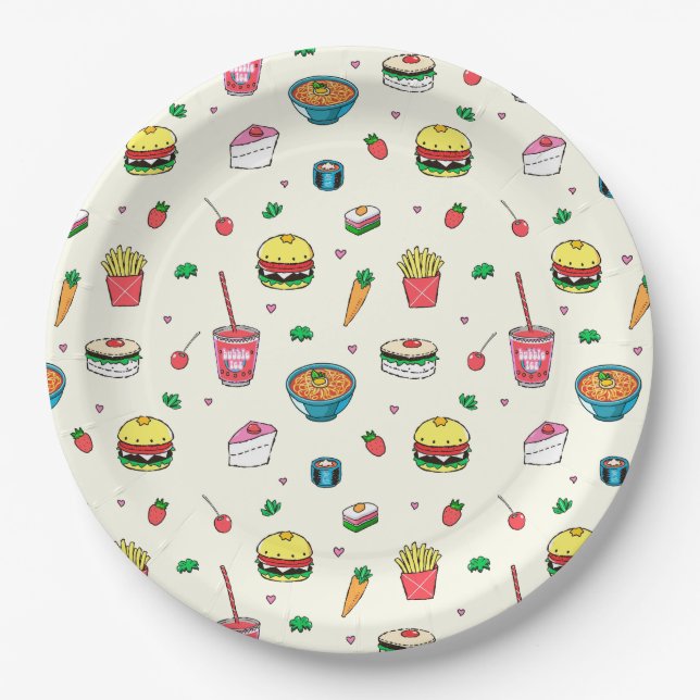 Niedliches, farbiges Lebensmittelmuster auf weiß Pappteller (Vorderseite)