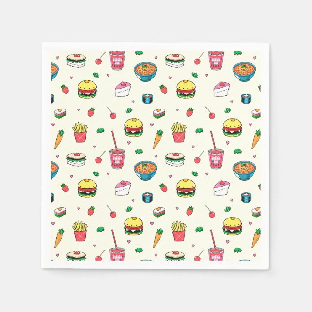 Niedliches, farbiges Lebensmittelmuster auf weiß Serviette (Vorderseite)