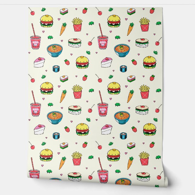 Niedliches, farbiges Lebensmittelmuster auf weiß Tapete (Abrollen)