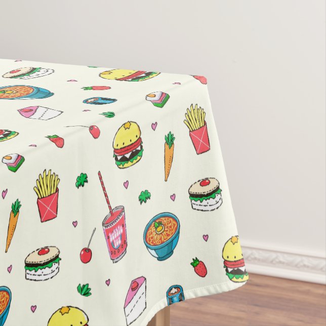 Niedliches, farbiges Lebensmittelmuster auf weiß Tischdecke (Beispiel)