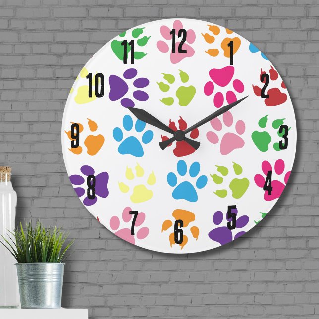 Niedliches farbiges Muster Große Wanduhr (Cute Simple Colorful Pet Dog Paw Print Pattern Large Clock)
