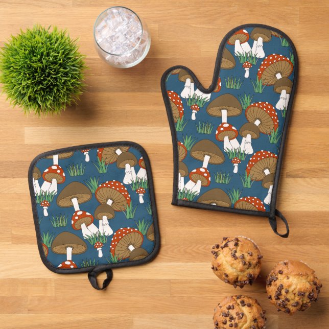 Niedliches farbiges Pilzlanddesign Ofenhandschuh & Topflappen-Set (Oben Unten)