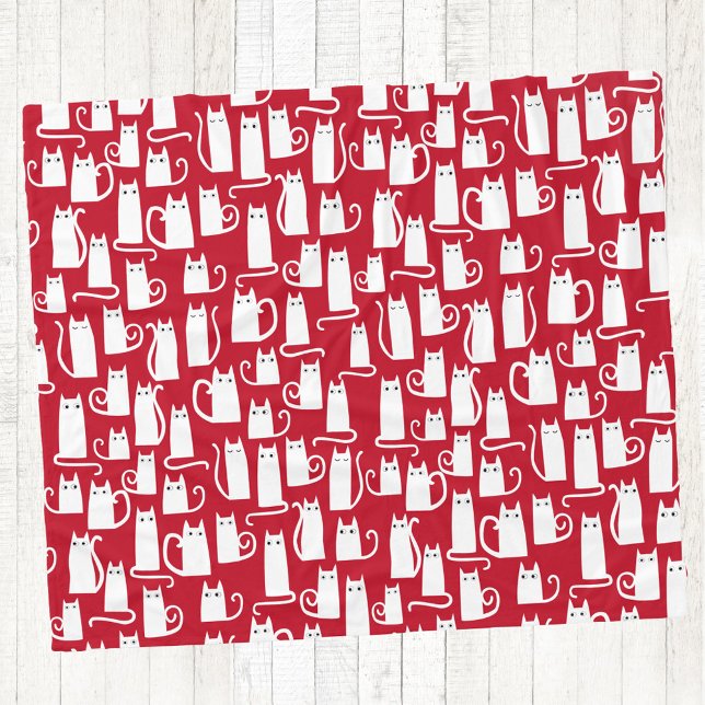 Niedliches Fest: Rot und Weiß Fleecedecke (White cats on red. Fun pattern cozy fleece blanket, ideal for Christmas and the winter holidays)