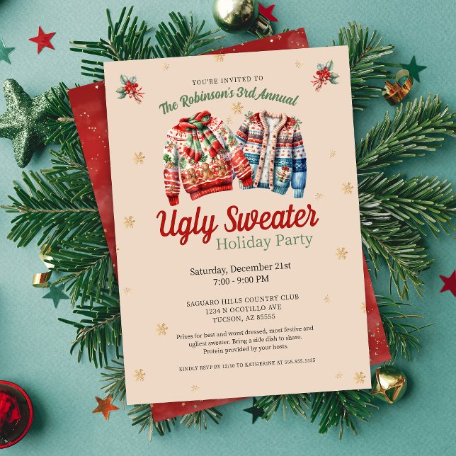 Niedliches festliches jährliches Weihnachtsfest im Einladung (festive ugly christmas sweater party invitations for corporate work office or school family party)