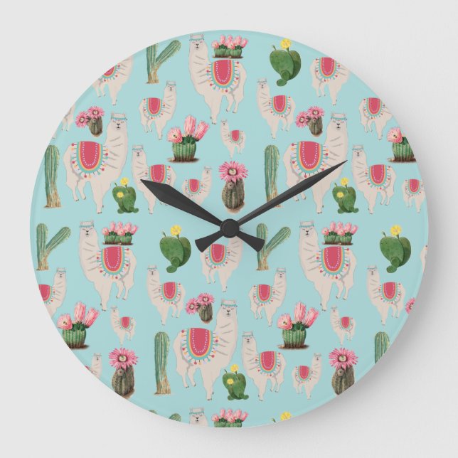 Niedliches Fiesta Llama & Cactus Pattern  Große Wanduhr (Vorderseite)