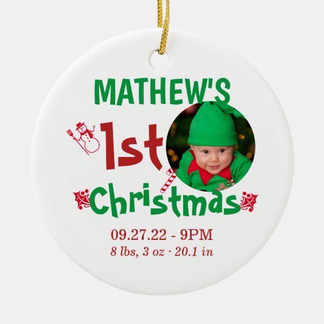 Niedliches First Christmas Baby Birth Stats Foto Keramik Ornament (Vorne)