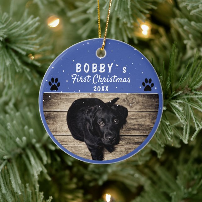Niedliches First Puppy Christmas Paw Blue Dog Foto Keramik Ornament (Baum)