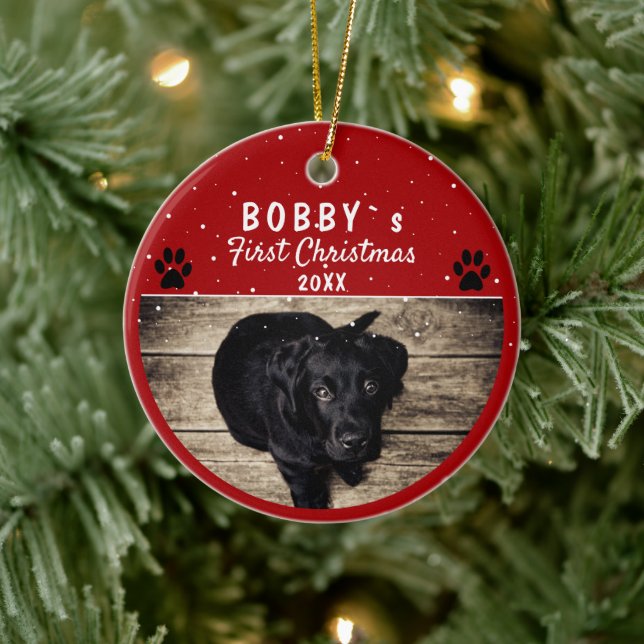 Niedliches First Puppy Christmas Paw Red Dog Foto Keramik Ornament (Baum)