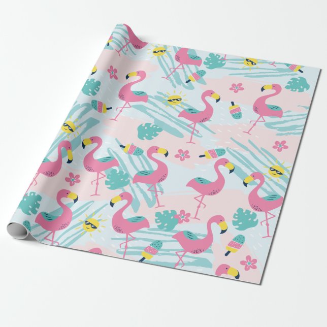 Niedliches Flamingo Mint Grün tropisches Muster Geschenkpapier (Ungerollt)