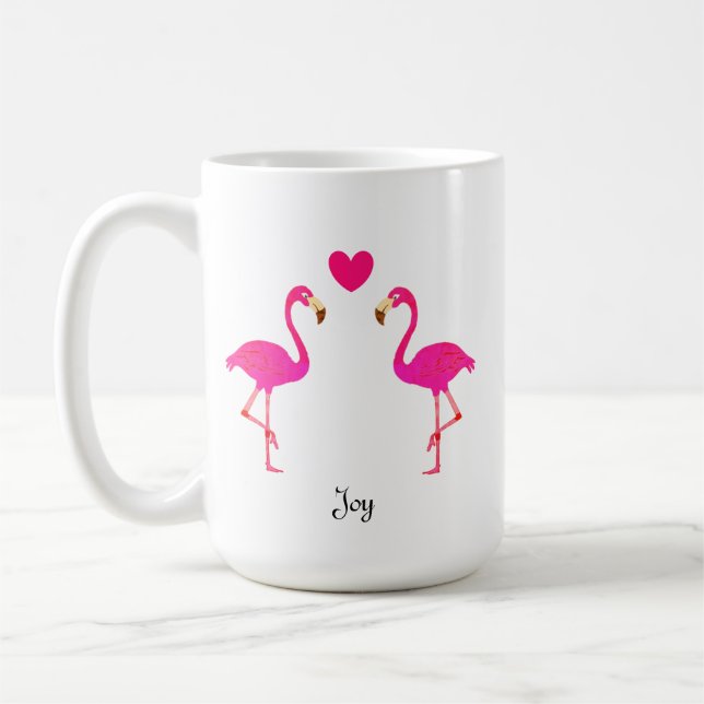 Niedliches Flamingo-Paar, Herz & Kalligrafie Kaffeetasse (Links)