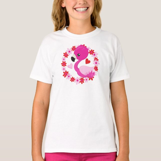 Niedliches Flamingo, rosa Flamingo, Vogel, Blume,  T-Shirt (Vorderseite)
