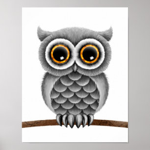 Niedliches, flauschiges graues Owl auf einem Zweig Poster
