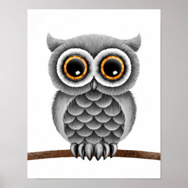 Niedliches, flauschiges graues Owl auf einem Zweig Poster (Vorne)