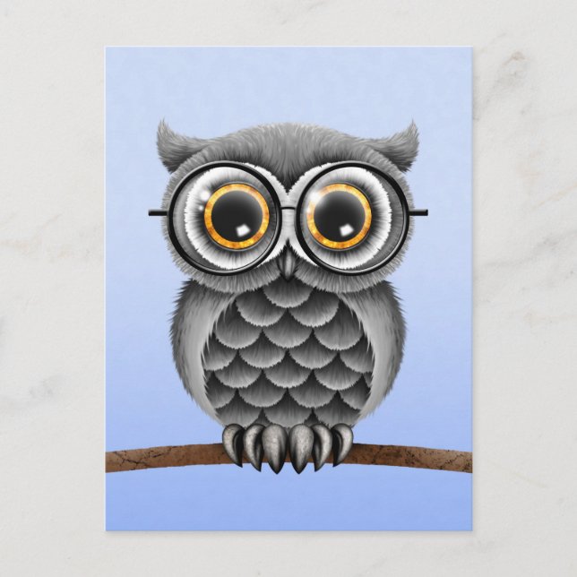 Niedliches, flauschiges graues Owl mit Brille, Lig Postkarte (Vorderseite)