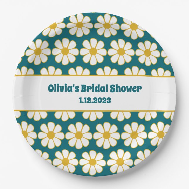 Niedliches florales Daisy Muster Mustard und Aquam Pappteller (Vorderseite)