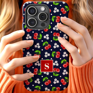 Niedliches florales Polka Dot Cherries Navy Monogr Case-Mate iPhone Hülle