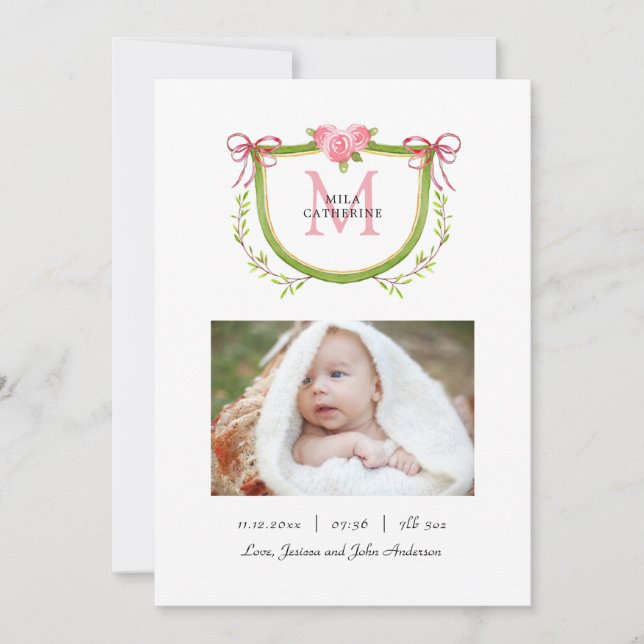 Niedliches florales Wappen mit Monogram Baby Girl  Ankündigung (Vorderseite)