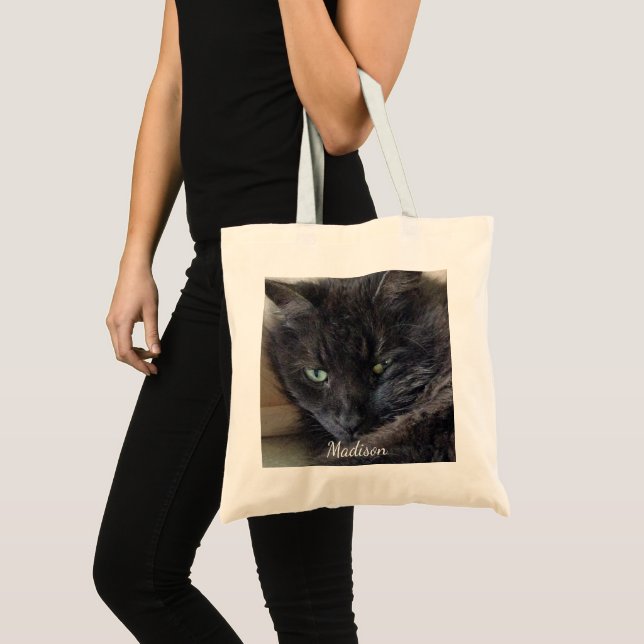 Niedliches Fluffy Black Cat Foto Personalisiert Tragetasche (Vorderseite (Produkt))