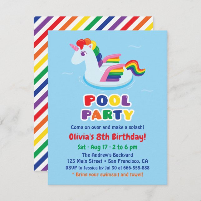 Niedliches Flügelbecken Unicorn Schwimmbad Kinderg Einladung (Vorne/Hinten)