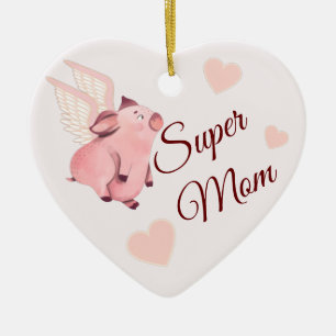 Niedliches Flugschwein Super Mama Rosa Herzen Keramik Ornament