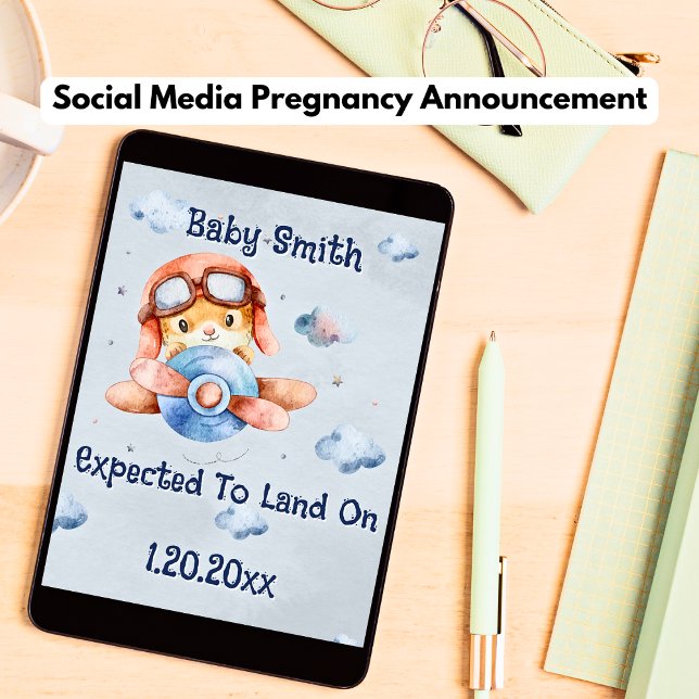 Niedliches Flugzeug Landung Social Media Boy Schwa Ankündigung (Social Media Pregnancy Announcement)
