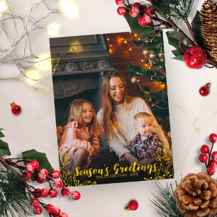 Niedliches Foliage Gold Foil Script Foto Weihnacht Postkarte