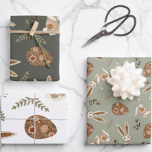 Niedliches Folk Bunny Egg Osterfest Hübsches Muste Geschenkpapier Set