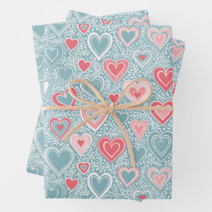 Niedliches Folk Floral Heart Dusty Blue Pink Babyd Geschenkpapier Set