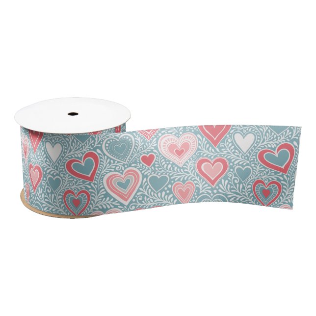 Niedliches Folk Floral Heart Dusty Blue Pink Babyd Satinband (Spule)