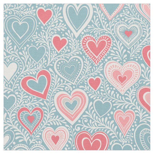 Niedliches Folk Floral Heart Dusty Blue Pink Babyd Stoff (Nahaufnahme)