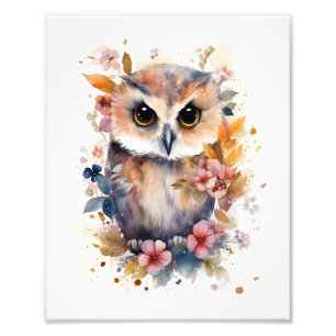 Niedliches Forest Baby Owl mit Blume für Kinderzim Fotodruck