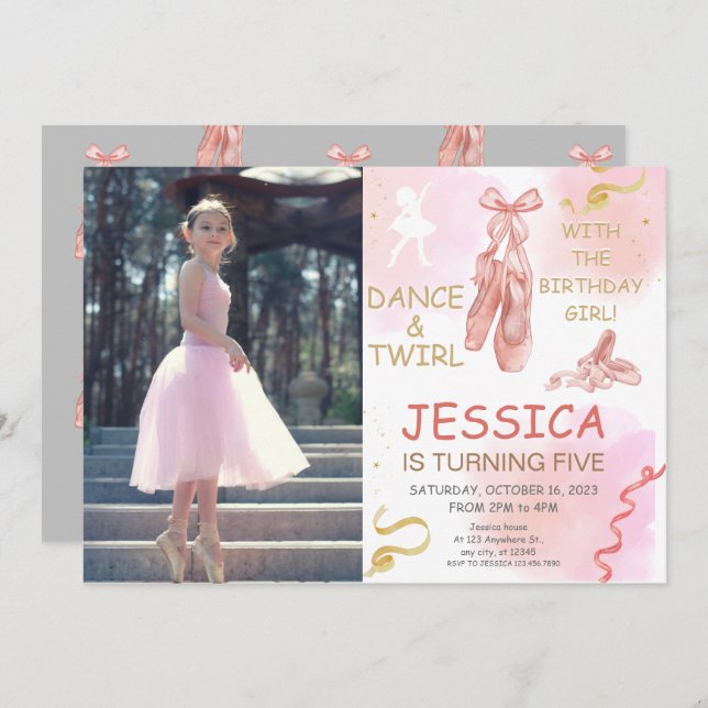 Niedliches Foto Ballerina Schuhe für Mädchen Einla Einladung (Vorne/Hinten)