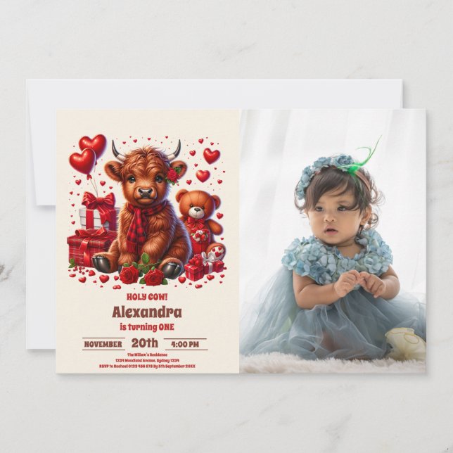 Niedliches Foto Heilige Kuh Hochland 1. Geburtstag Einladung (Vorderseite)