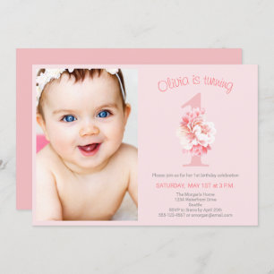 Niedliches Foto Pink Floral Girl's First Birthday  Einladung